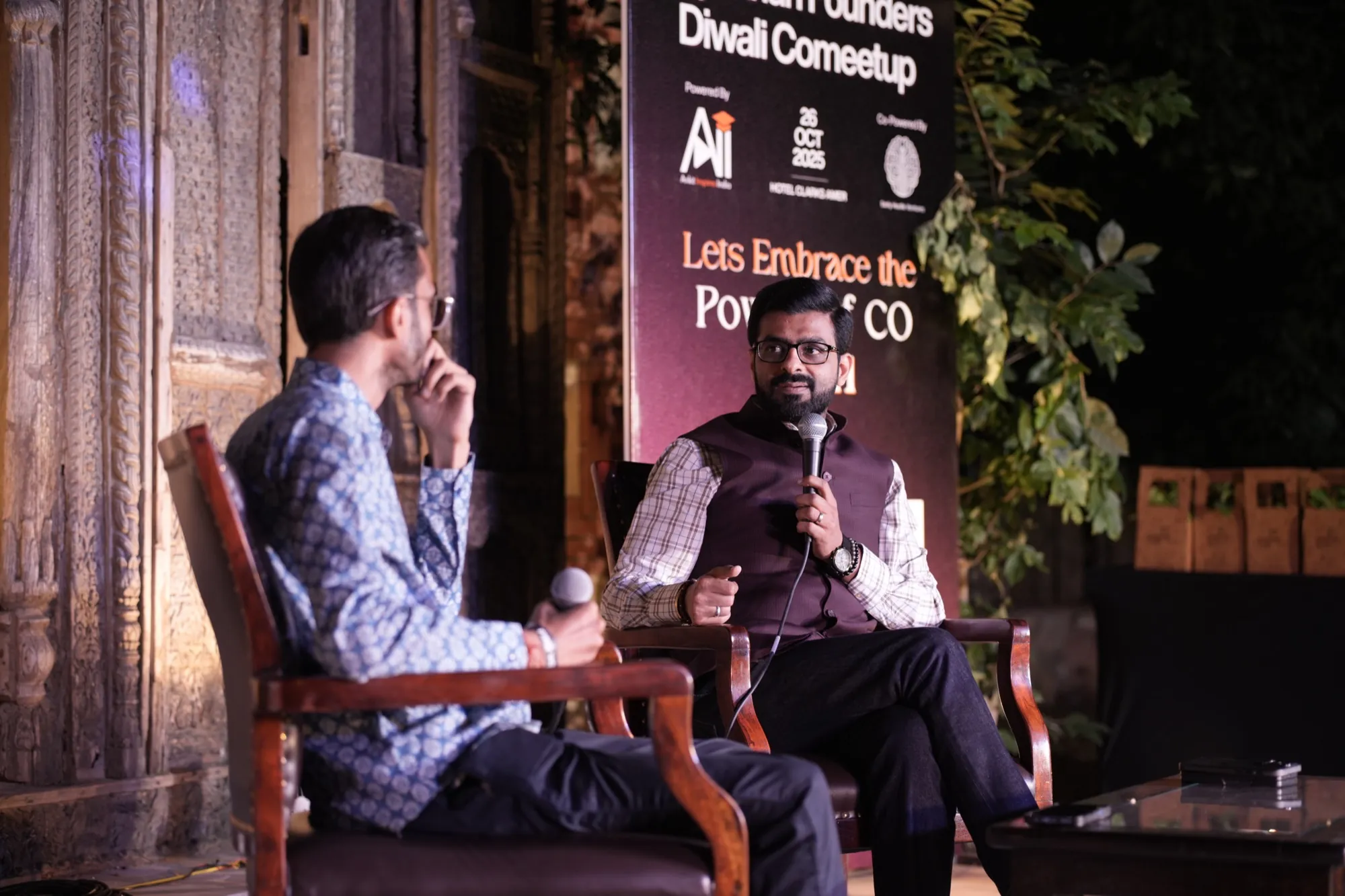 Two founders in a fireside conversation on stage at last year's Diwali Comeetup